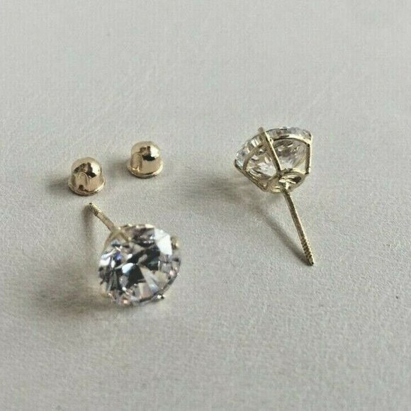14K SOLID YELLOW GOLD STUD EARRINGS W/ 4 CARATS ROUND SIMULATED DIAMONDS - Picture 4 of 6